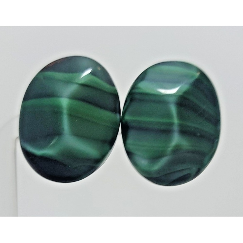 Green Oval Clip On Earrings Womens Stud Cabochon Striped Vintage Style Pair
